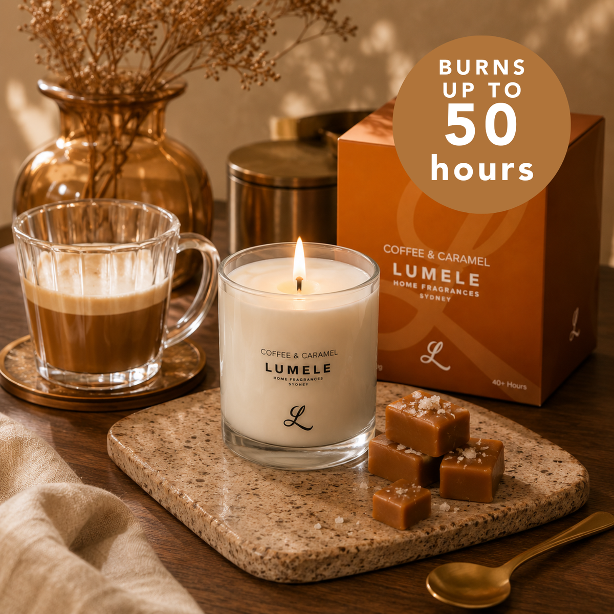 Coffee & Caramel - Lumele Collection - Coffee Caramel Scented Soy Candle 50hr Burn